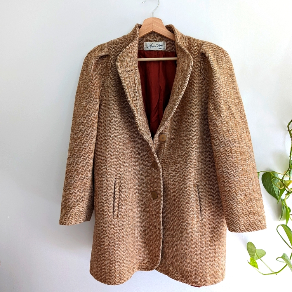 Vintage 70s 80s Andrea Marin Union Made Herringbone Tweed Long Coat